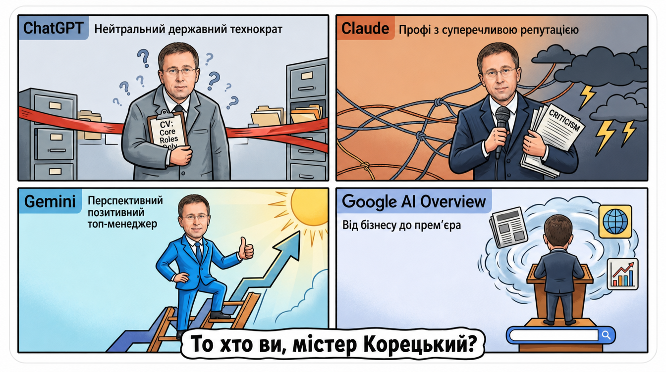 Чотири AI-портрети Сергія Корецького: ChatGPT — нейтральний державний технократ, Claude — профі з суперечливою репутацією, Gemini — перспективний позитивний топ-менеджер, Огляд від ШІ — від бізнесу до прем'єра